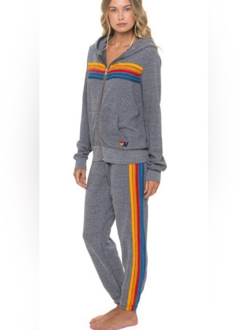 Aviator Nation 5 Stripe Set Grey Sweatpants and Zip-Up